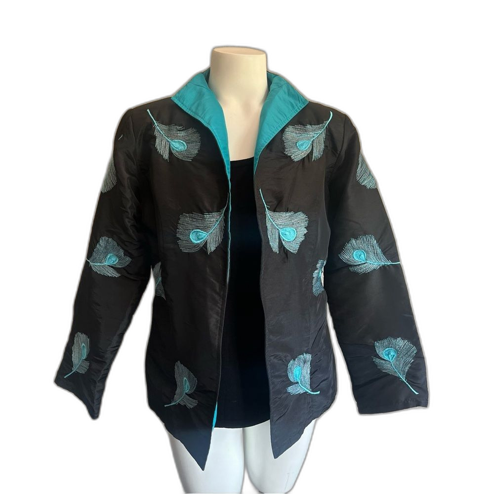 Vintage Rarities New Vietnam Embroidered Peacock Feather Jacket Black Blue Small